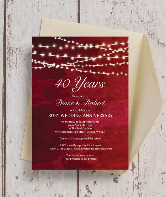 40 Wedding Anniversary Invitations Red Fairy Lights 40th Ruby Wedding Anniversary