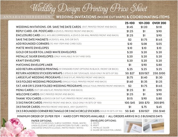 Average Cost for 100 Wedding Invitations Printing Price List for Wedding Invitations and Coordinating