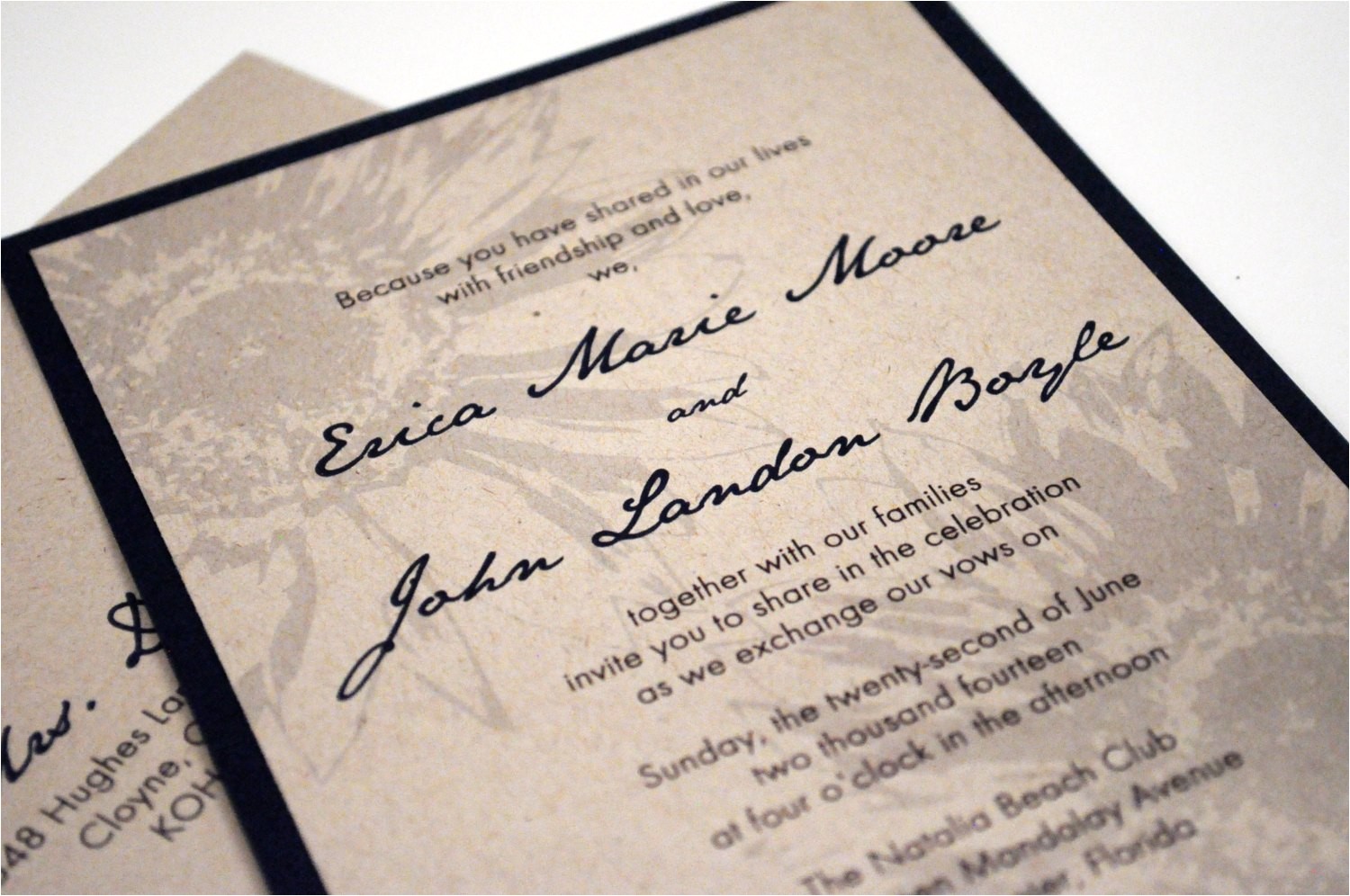 Back Pocket Wedding Invitations Rustic Wedding Invitation Navy Blue Sunflower with Back