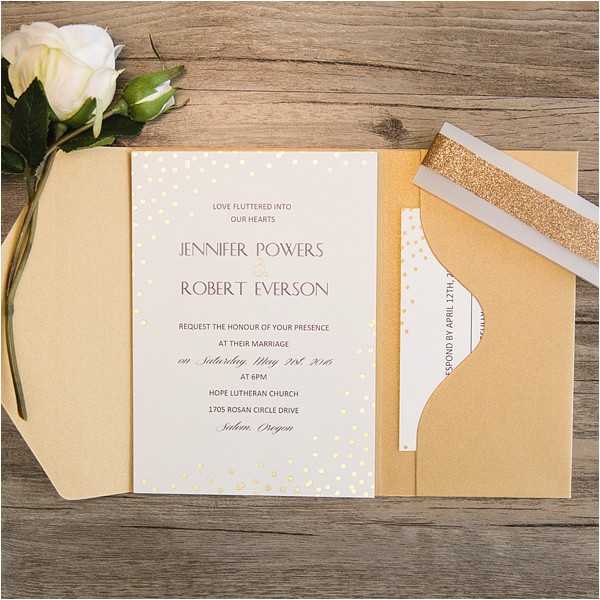 Back Pocket Wedding Invitations Simple Gold Glitter Dots Pocket Wedding Invitations