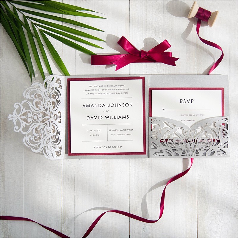 Burgundy and Grey Wedding Invitations Burgundy and Gray Elegant Laser Cut Pocket Wedding