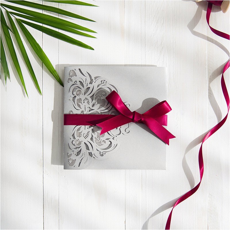 Burgundy and Grey Wedding Invitations Burgundy and Gray Elegant Laser Cut Pocket Wedding