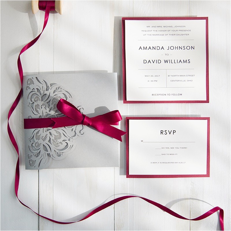 Burgundy and Grey Wedding Invitations Burgundy and Gray Elegant Laser Cut Pocket Wedding