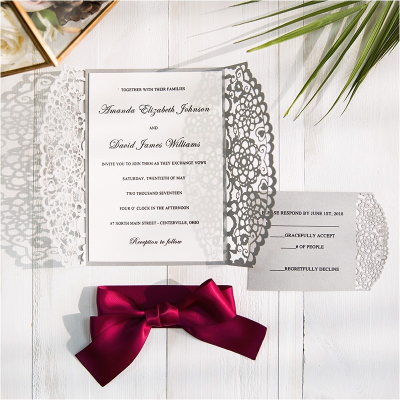 Burgundy and Grey Wedding Invitations Burgundy and Gray Laser Cut Wedding Invitations Swws043