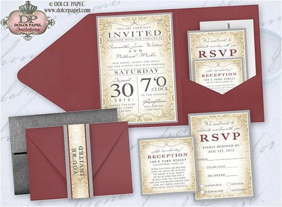 Burgundy and Grey Wedding Invitations Burgundy Red orange and Silver Gray Metallic Damask