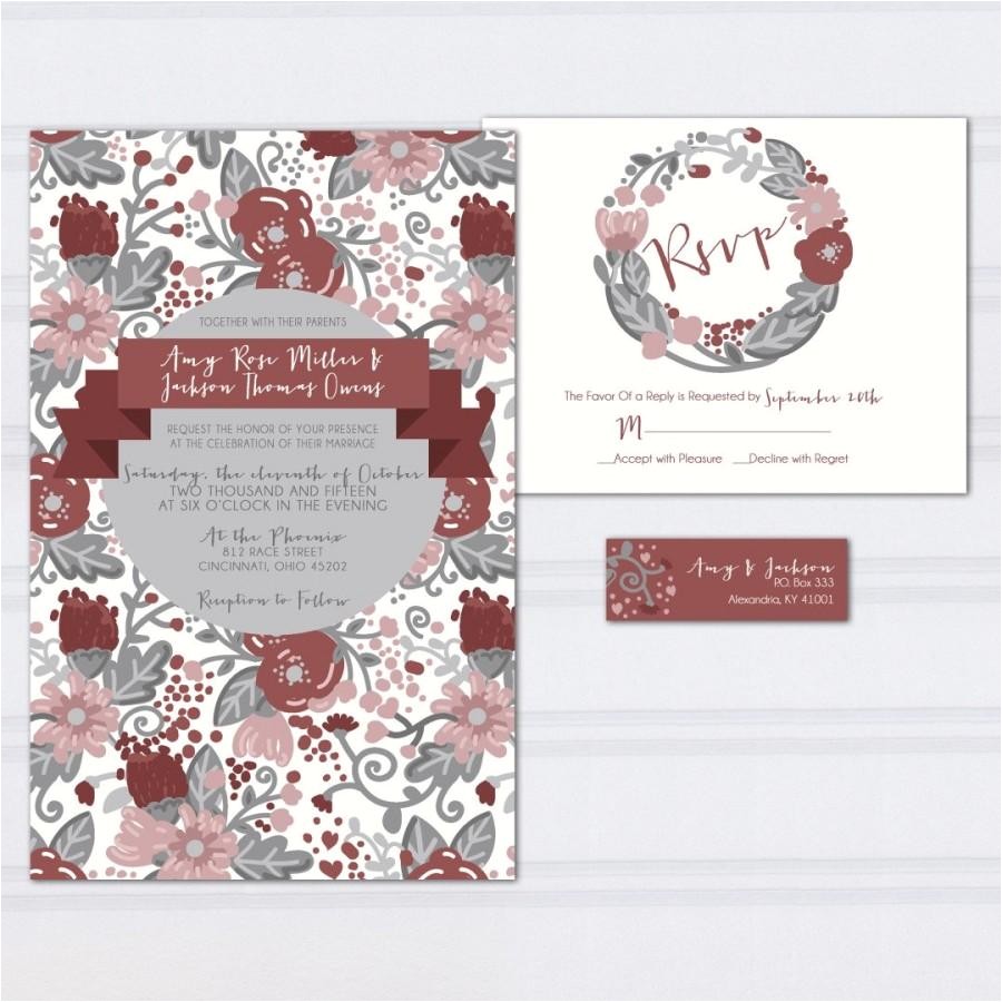 Burgundy and Grey Wedding Invitations Floral Pattern Wedding Invitations Marcala Wine Wedding