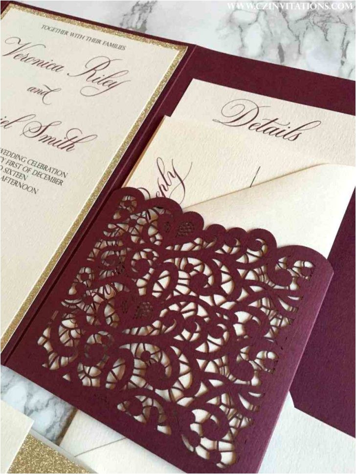 Burgundy and Ivory Wedding Invitations Burgundy and Ivory Wedding Invitations Laser Cut Pocket