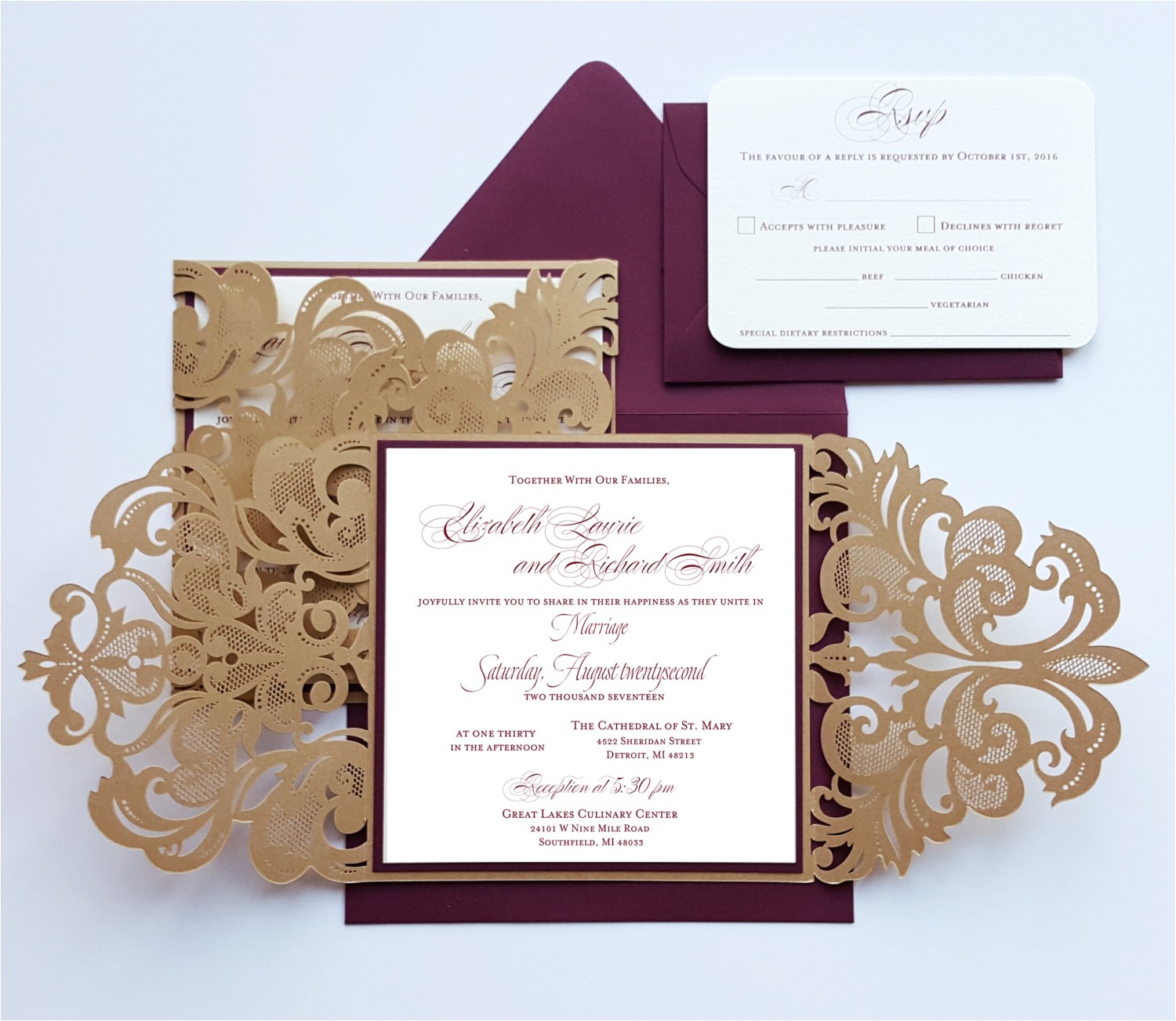 Burgundy and Ivory Wedding Invitations Custom Burgundy Gold Lasercut Wedding Invitation Card
