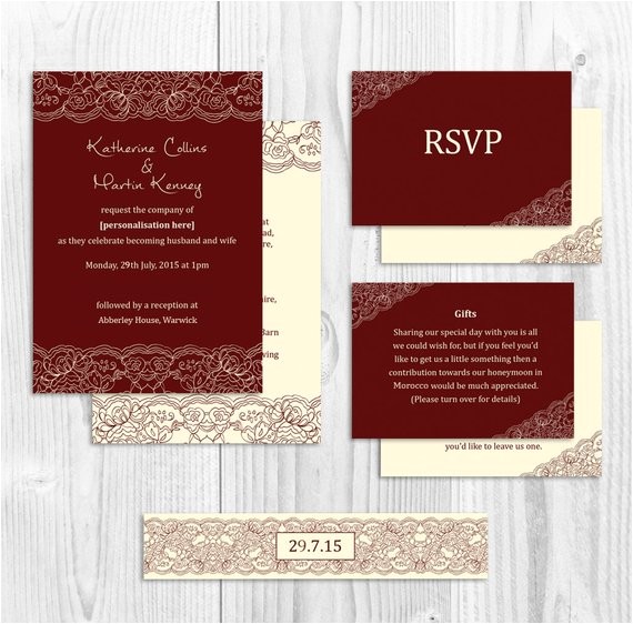 Burgundy and Ivory Wedding Invitations Printed Wedding Invitation Suite Set Burgundy Ivory