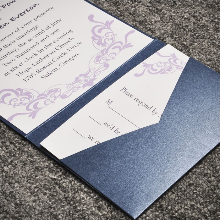 Cards and Pockets Wedding Invitations Elegant Purple Damask Card and Blue Pocket Affordable