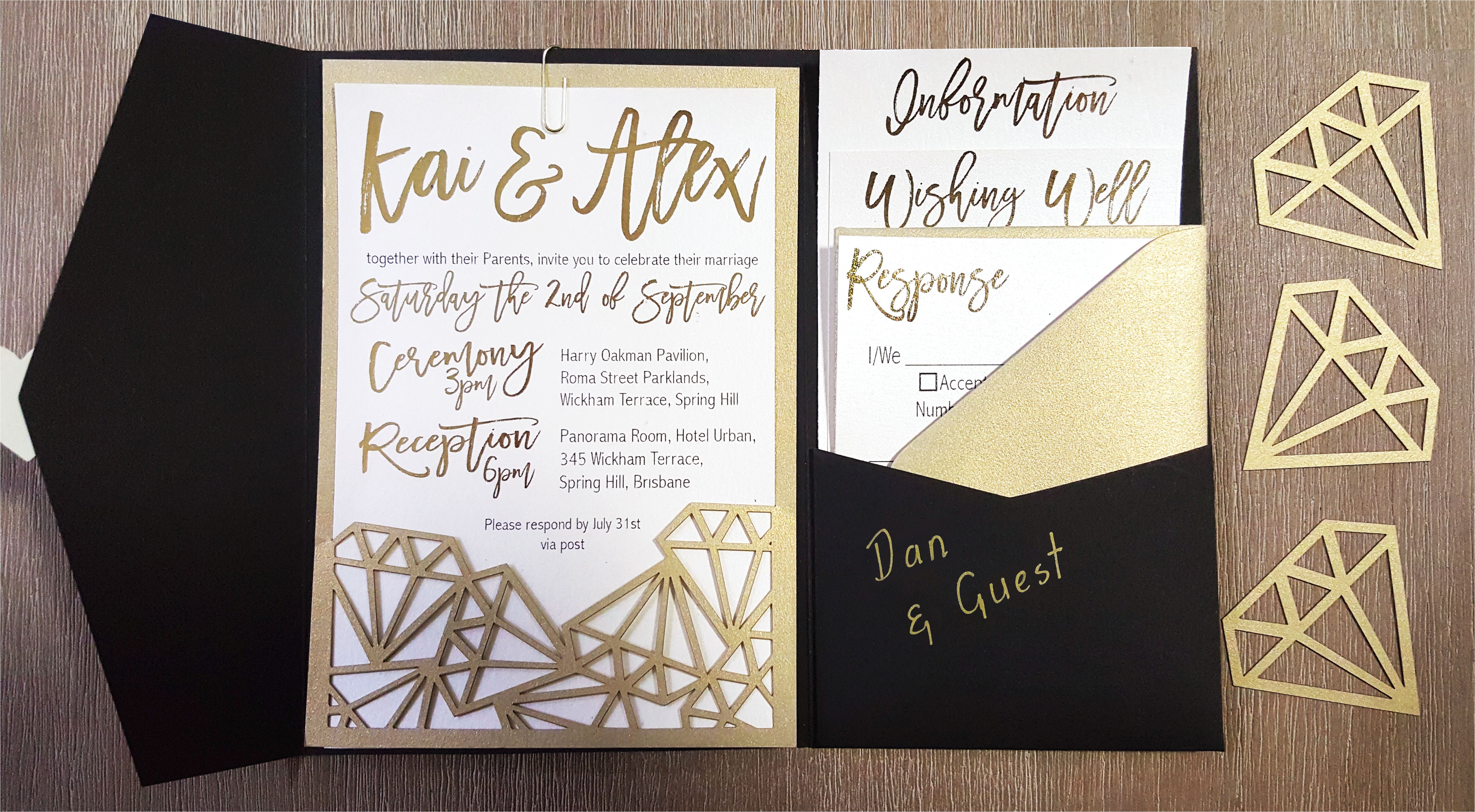 Cards and Pockets Wedding Invitations My Diy Story Geometric Black Gold Foil Pocket