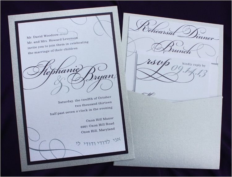 Clutch Wedding Invitations Dark Purple Silver Large Script Text Modern Swirls
