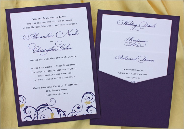 Clutch Wedding Invitations Dark Purple Yellow Floral Swirl Clutch Pocket Wedding