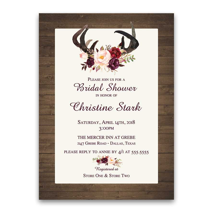 Deer Antler Wedding Invitations Floral Bridal Shower Invitations Deer Antlers Burgundy Deer Antler Wedding Invitations Floral Bridal Shower Invitations Deer Antlers Burgundy
