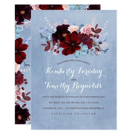 Dusty Blue and Cranberry Wedding Invitations Burgundy and Dusty Blue Floral Elegant Wedding Card