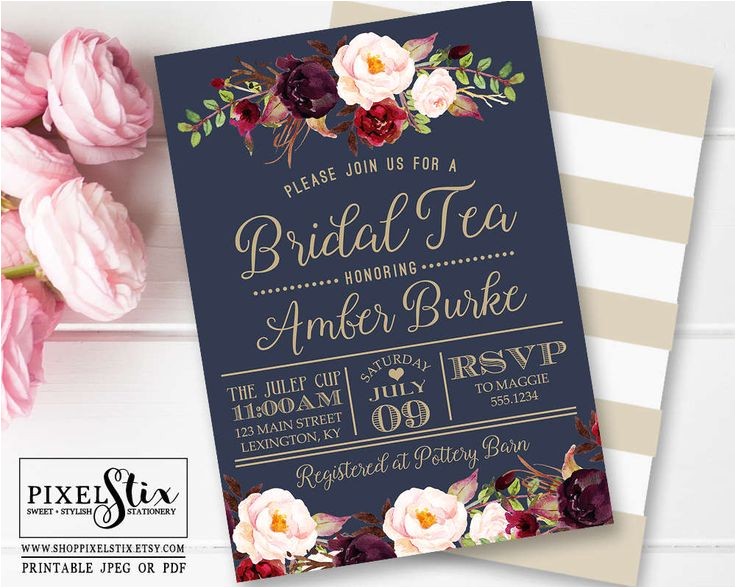 Dusty Blue and Cranberry Wedding Invitations Navy Blue Bridal Tea Invitation Vintage Rose and Peony