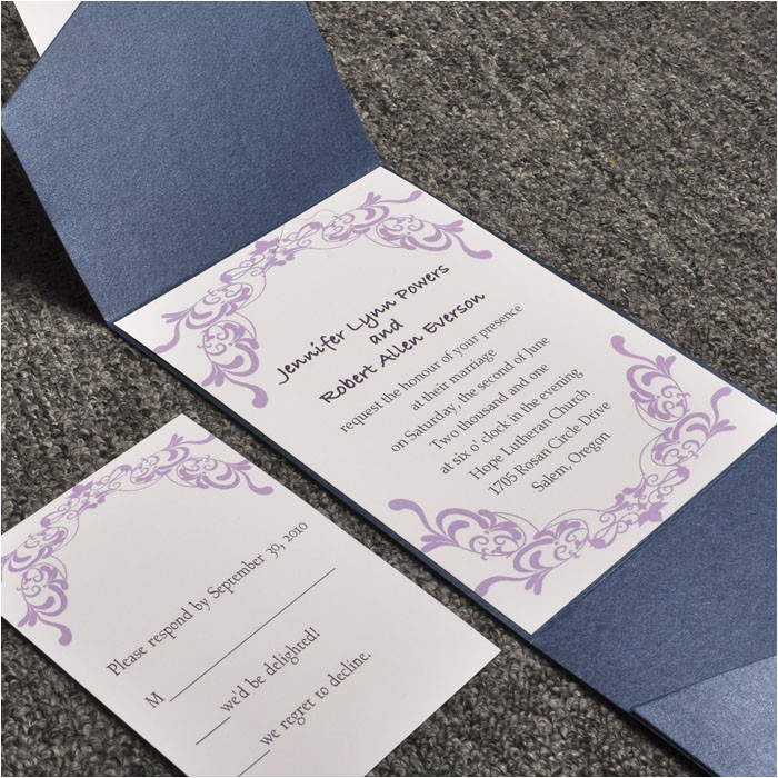 Elegant Affordable Wedding Invitations Elegant Purple Damask Card and Blue Pocket Affordable