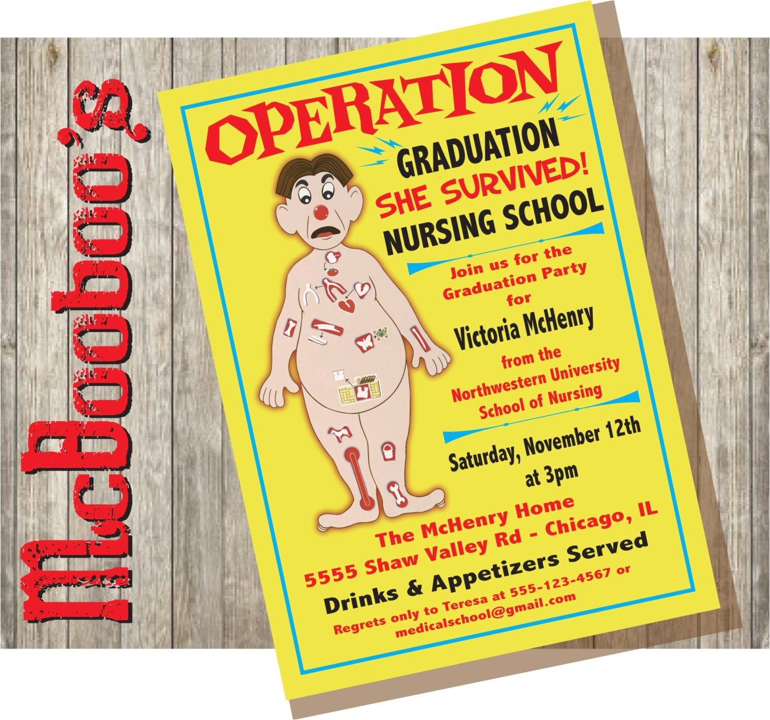Graduation From Nursing School Invitations Operation Board Game Inspired Nursing School or Medical School