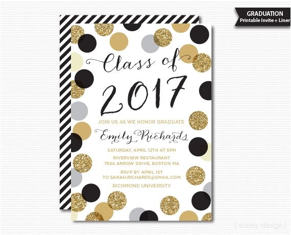 Graduation Party Invitation Kits Printable Graduation Invitation Black Gold Polka Dots