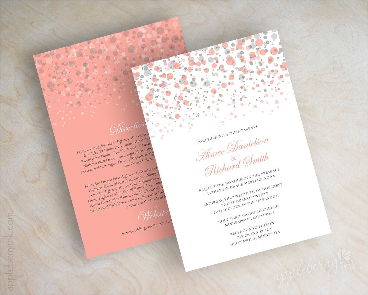Gray and Coral Wedding Invitations Coral and Gray Polka Dot Wedding Invitation Modern Confetti