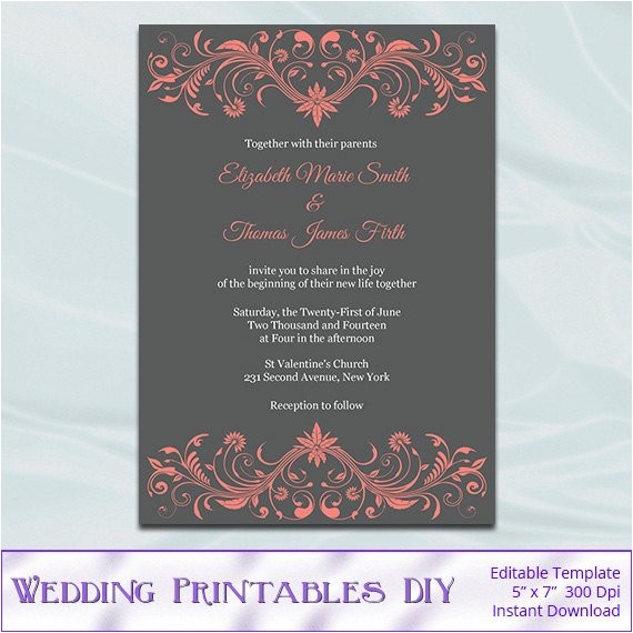 Gray and Coral Wedding Invitations Coral and Gray Wedding Invitation Template Diy Printable