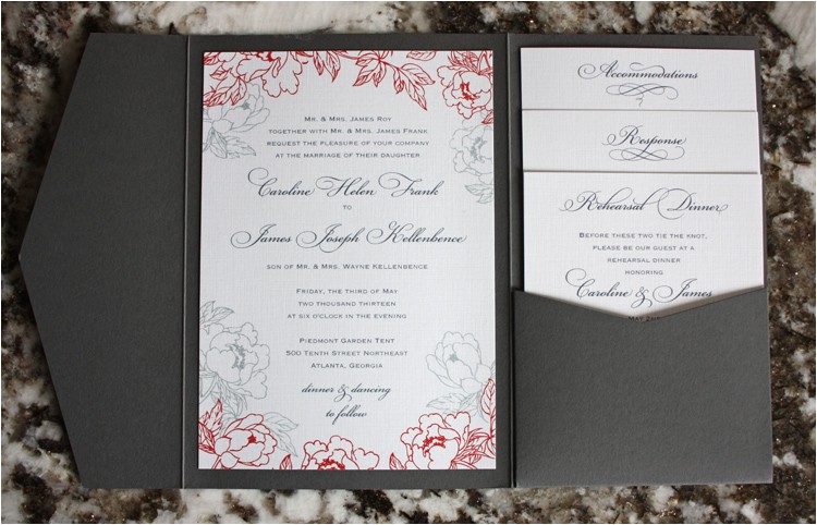 Gray and Coral Wedding Invitations Dark Coral Gray Peony Floral Pocketfolds Emdotzee Designs