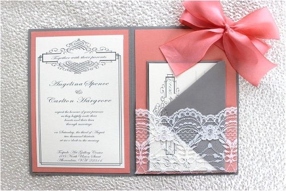 Gray and Coral Wedding Invitations Grey Coral Lace Wedding Invitation by Alexandrialindo On