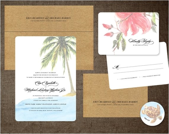 Hawaiian theme Wedding Invitations Palm Tree Wedding Invitations Hibiscus Hawaii Turtle Beach