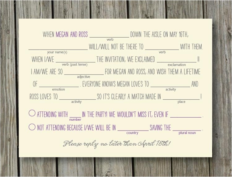 Mad Lib Wedding Invitation Summer Camp Rustic Wedding Mad Libs Reply Rsvp Card Digital