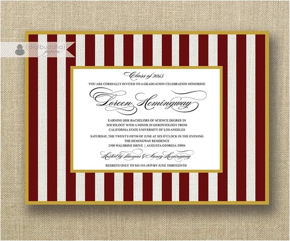 Maroon and White Graduation Invitations Maroon White Graduation Invitation Stripes with Gold Party