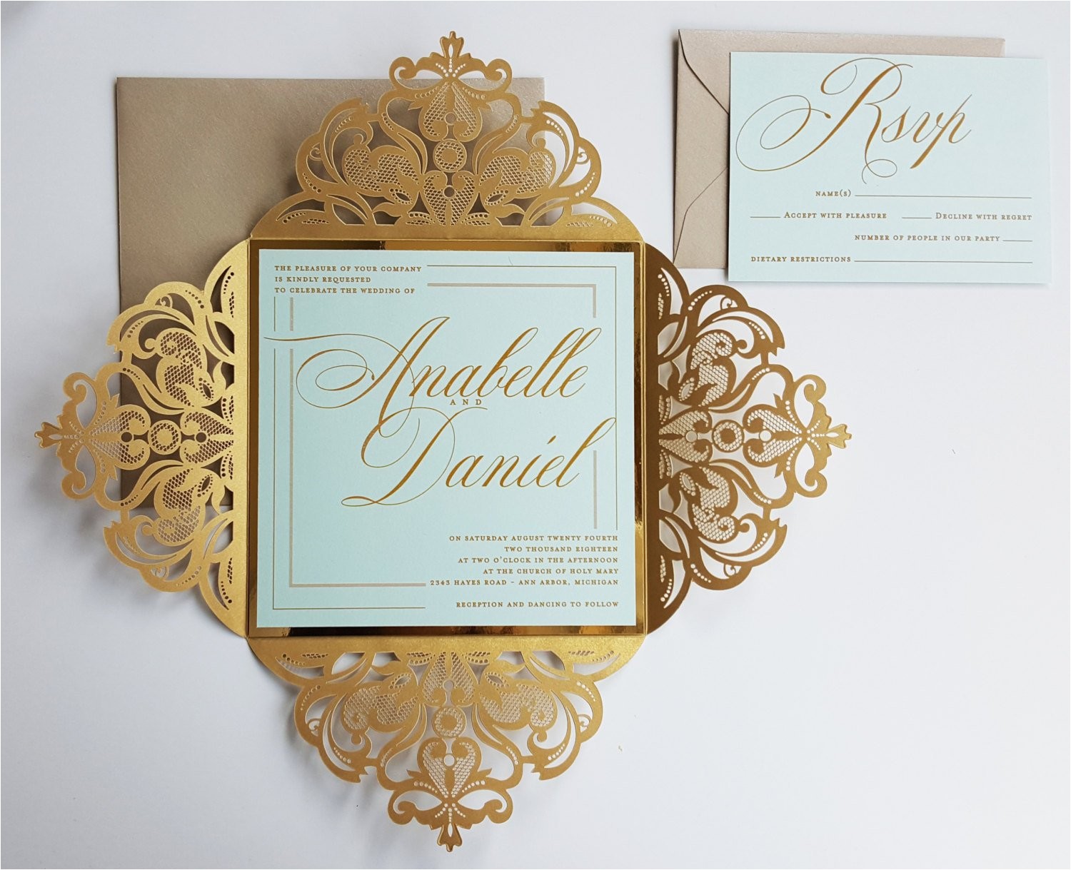Mint and Gold Wedding Invites Gold Custom Laser Cut Wedding Invitation Sample Elegant Mint
