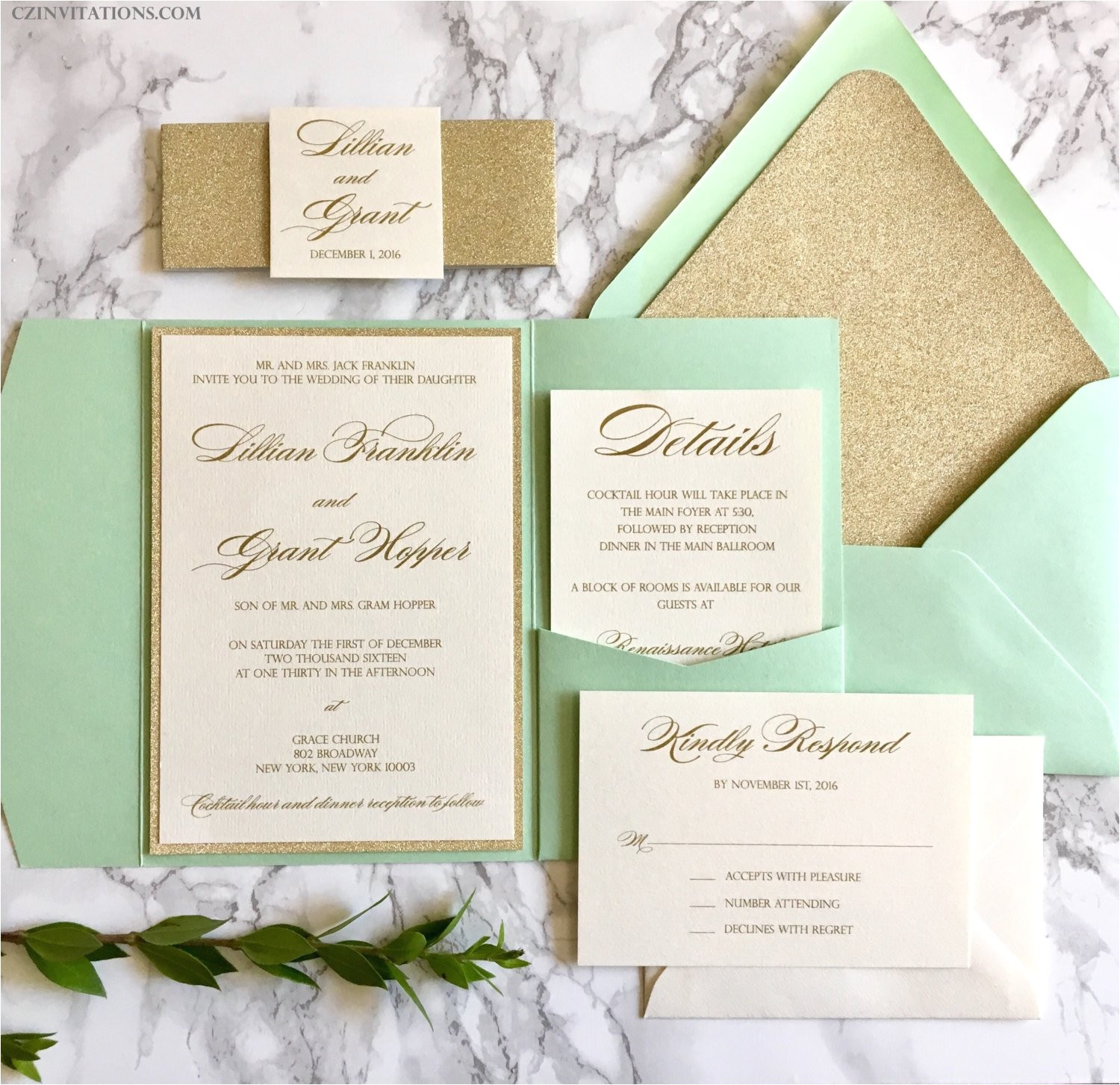 Mint and Gold Wedding Invites Mint and Gold Glitter Pocket Wedding Invitations with Glitter