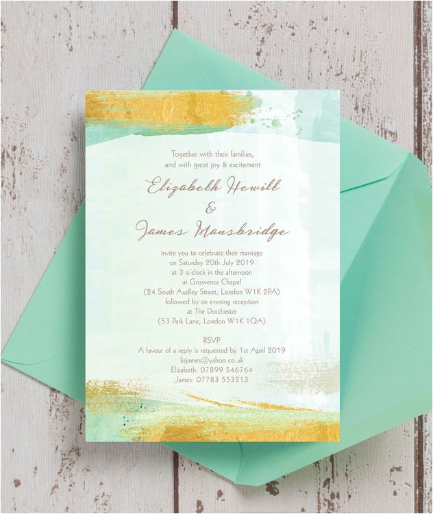 Mint and Gold Wedding Invites Mint Green Gold Brush Strokes Wedding Invitation From 1