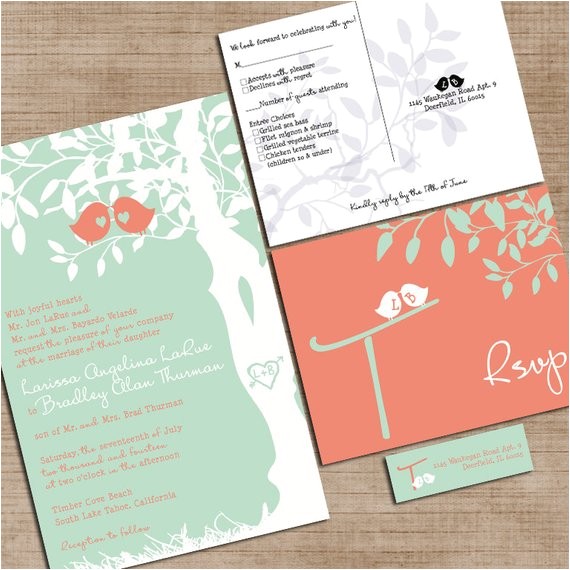 Mint Color Wedding Invitations Mint Green and Coral Wedding Invitations Custom Love Birdies