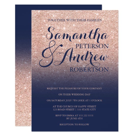 Navy Blue and Rose Gold Wedding Invitations Chic Faux Rose Gold Glitter Navy Blue Wedding Card with