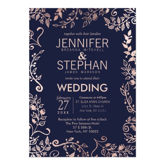 Navy Blue and Rose Gold Wedding Invitations Elegant Navy Blue Rose Gold Floral Wedding Invites