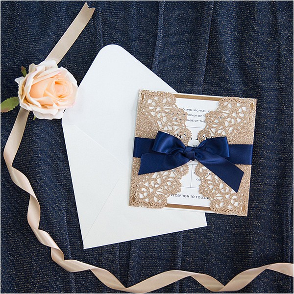 Navy Blue and Rose Gold Wedding Invitations Elegant Rose Gold and Navy Blue Glitter Wedding