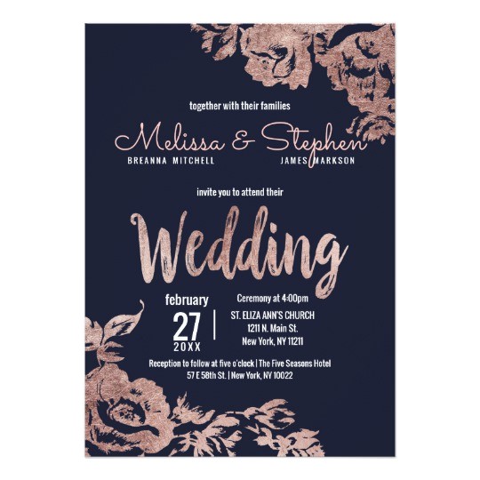 Navy Blue and Rose Gold Wedding Invitations Navy Blue and Rose Gold Floral Wedding Card Zazzle Co Uk
