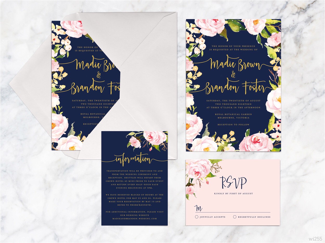 Navy Blue and Rose Gold Wedding Invitations Navy Blue Wedding Invitation Kits Printable Wedding