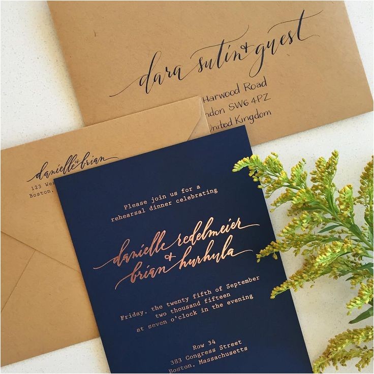 Navy Blue and Rose Gold Wedding Invitations Rose Gold Foil with Navy Paper and Kraft Envelopes