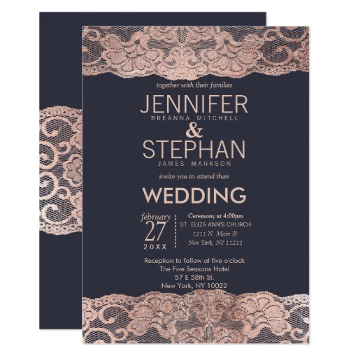 Navy Blue and Rose Gold Wedding Invitations Rose Gold Lace and Navy Blue Wedding Invitations Zazzle