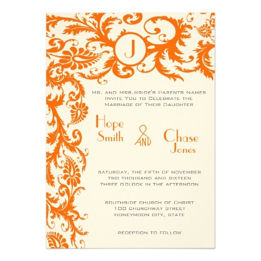 Orange and Gray Wedding Invitations Coral Gray orange Damask Wedding Invitation Zazzle