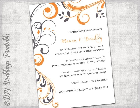 Orange and Gray Wedding Invitations Printable Wedding Invitation Template orange and Gray