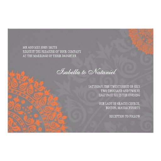 Orange and Grey Wedding Invitations Charcoal Gray and orange Damask Wedding Invitation 5 Quot X 7