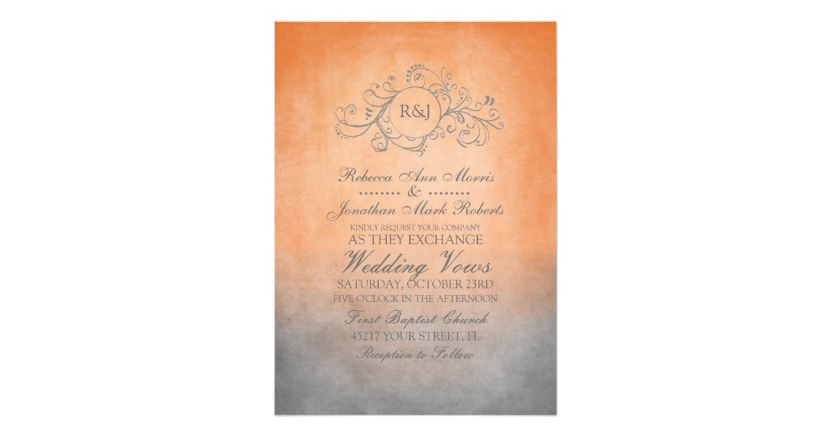 Orange and Grey Wedding Invitations Rustic orange and Grey Bohemian Wedding Invitation Zazzle