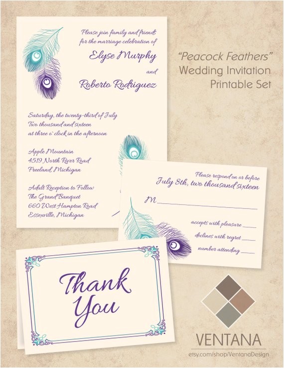Peacock Wedding Invitation Sets Peacock Feather Wedding Invitation Printable Set by