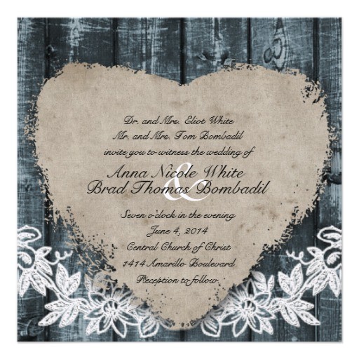 Primitive Wedding Invitations Primitive Blue Wood Heart Wedding Invitation 13 Cm X 13 Cm