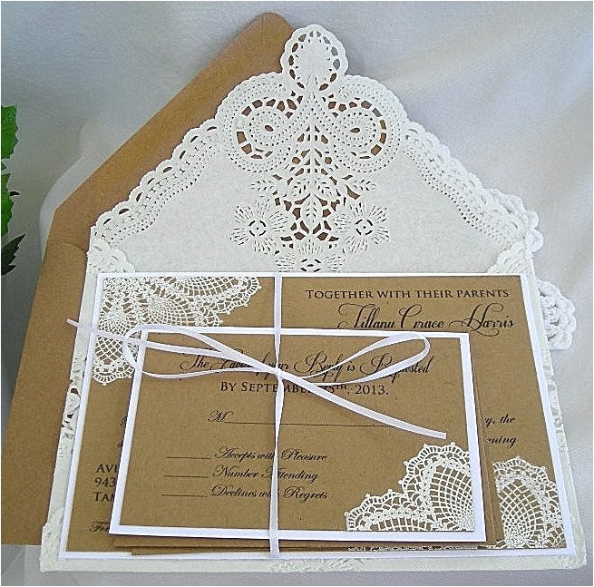 Primitive Wedding Invitations Wedding Invitation White Doily Lace On Kraft Primitive Vintage