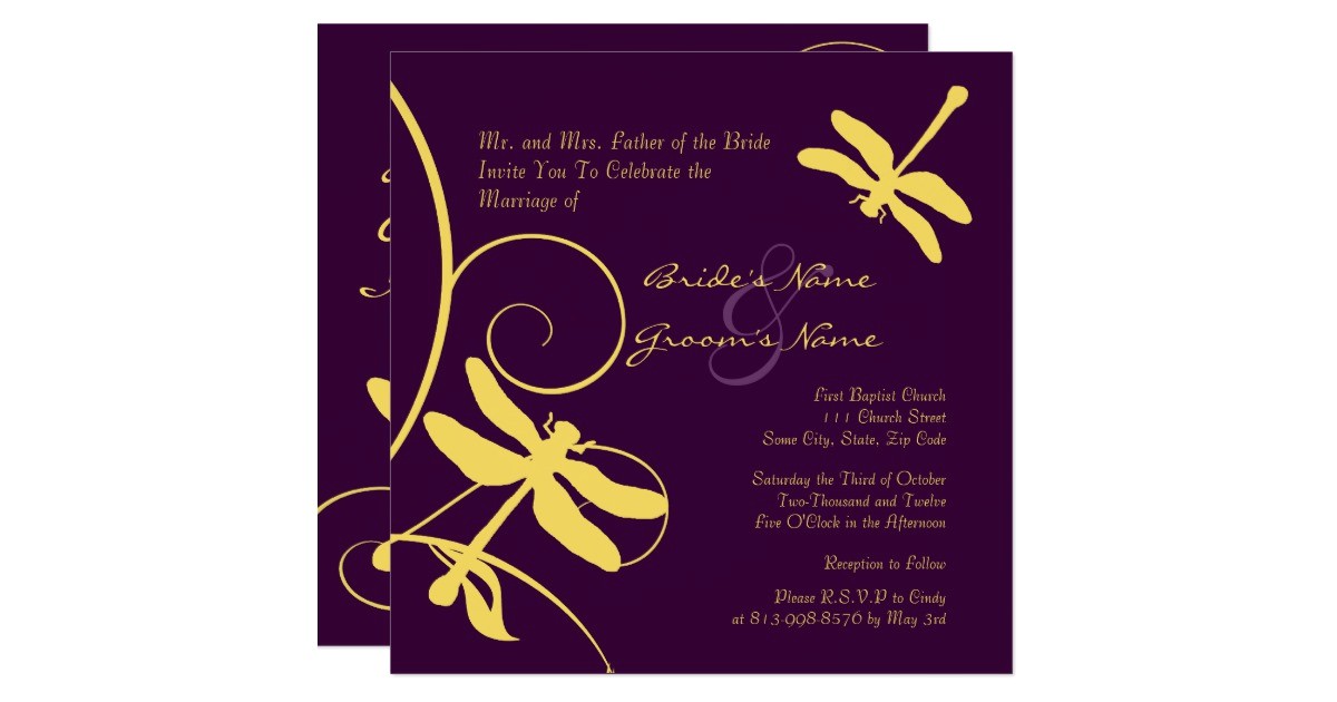 Purple and Yellow Wedding Invitations Yellow and Purple Dragonfly Wedding Invitation Zazzle