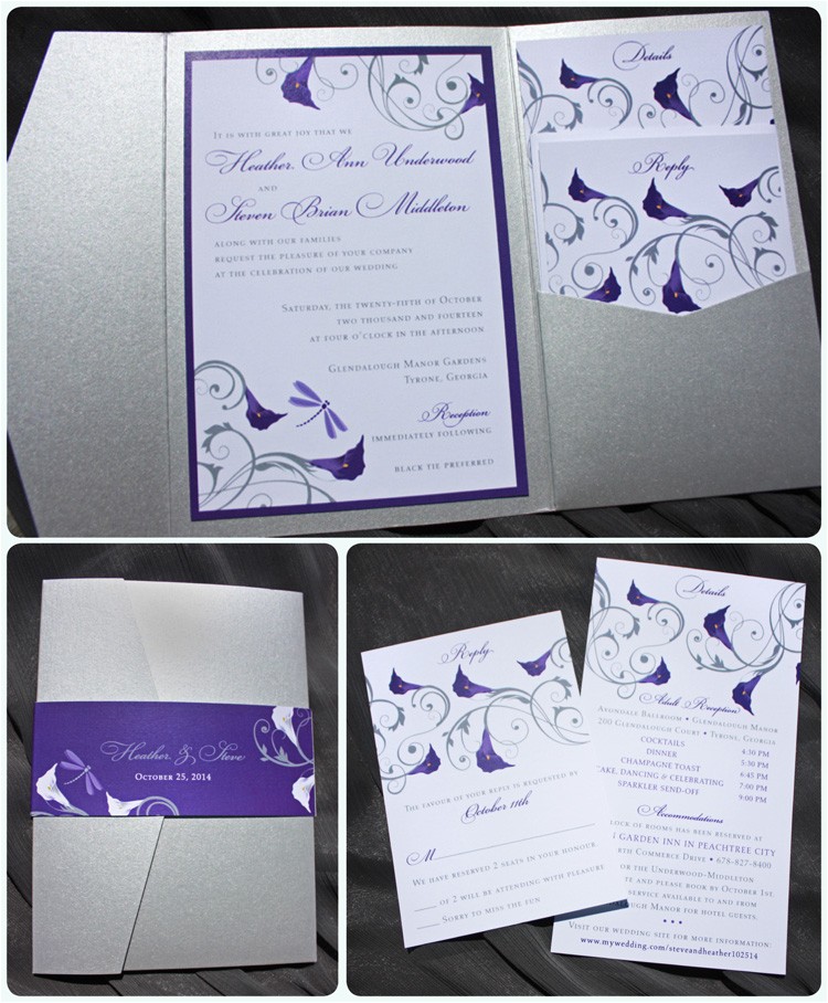 Purple Calla Lily Wedding Invitations Dragonfly Calla Lily Swirl Belly Band Pocketfolds